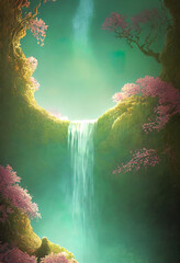 A vertical digital artwork of a waterfall surrounded by cherry blossom trees.Ai generated painting.