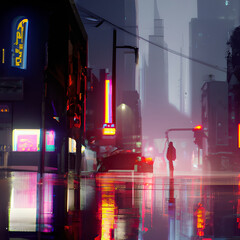 rainy foggy cyberpunk city neo tokyo, cinematic lighting, reflections, hyperrealistic, focused, high details, unreal engine 5, cinematic, octane render, ray tracing, landscape night