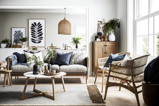 Scandinavian style, chic modern timber living room with a white background and rattan furnishings,. Generative AI
