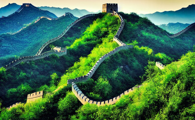 Big Chinese wall at the sunrise. Ai generated image.