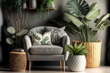 Gray sofa, rattan armchair, cube, plaid, pillows, tropical plants, macrame, and attractive accessories make up the stylish and artistic living room arrangement. Elegant interior design. Luminous inter