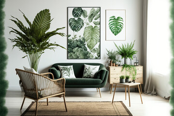 Design sofa, cushion, blanket, retro table, and mock up poster frames on the white walls are all featured in this stylish vintage living room. interior decor including tropical leaves and brown hardwo