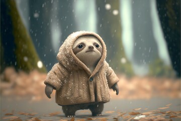 Cute sloth wearing coat in the snowfall and florest.