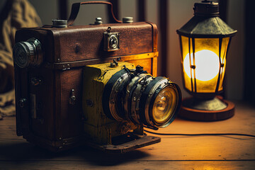Vintage style handmade lighting, a wooden case, and a film SLR camera. Generative AI - obrazy, fototapety, plakaty
