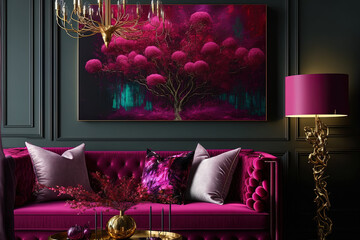 Vibrant magenta is a trendy hue for living rooms in 2023. a background of vivid wall accent paint. Room interiors are decorated in burgundy, maroon, and crimson tones. Luxurious furniture and lighting - obrazy, fototapety, plakaty