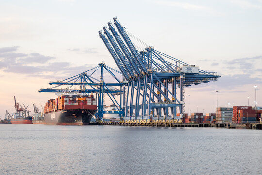 Cargo Containers On A Big Ship At The Port Of Wilmington, NC.