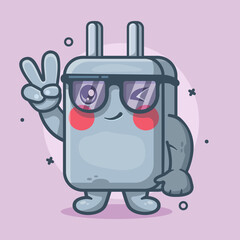 cute smartphone charger character mascot with peace sign hand gesture isolated cartoon in flat style design