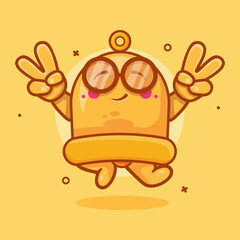 cute yellow bell character mascot with peace sign hand gesture isolated cartoon in flat style design
