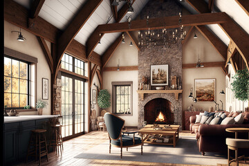 Naklejka premium a sizable great room with an open concept, a fireplace, and wooden beams. Generative AI