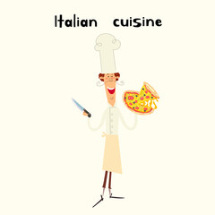 Funny Italian chef with ingredients of traditional cuisine. Cartoon style vector illustration.