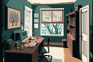 Interior of a home office. drawing. Generative AI