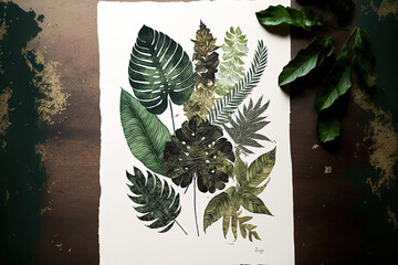 authentic nature print. original handcrafted leaf stamp. a group of textured plant leaves. A photograph can be used for interior design, textiles, and printing. Generative AI
