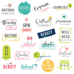 Vector illustrations for organic, natural and beauty products, cosmetics and wellness logo, sign, badge and icon.