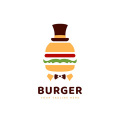 mr mayor burger logo, burger food logo with mayor hat and butterfly tie icon in cartoon style illustration