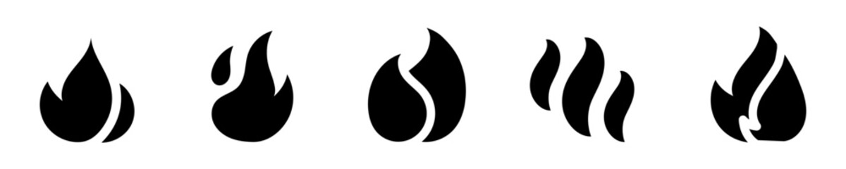 Conjunto de iconos de llama de fuego. Hoguera, llama ardiente estilo silueta negro. Ilustración vectorial