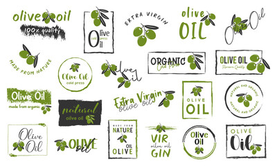 organic and natural products for olive oil sign, labels, stickers, badges and logo.
