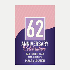 Vector 62nd years anniversary vector invitation card. template of invitational for print design.
