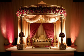 Interior design and decorations for an Indian wedding mandap. Generative AI
