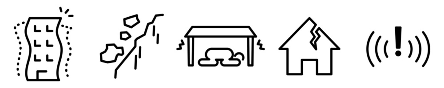 Conjunto de iconos de terremoto. Siniestro, desastre, cat&aacute;strofe. Emergencia y evacuaci&oacute;n. Ilustraci&oacute;n vectorial