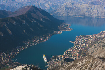 The Bay of Kotor, Beautiful aerial view of Boka Kotorska, with Kotor, Herceg Novi and Tivat municipalities in a sunny day, Adriatic sea and Dinaric Alps with Lovcen and Orjen mountains, Montenegro