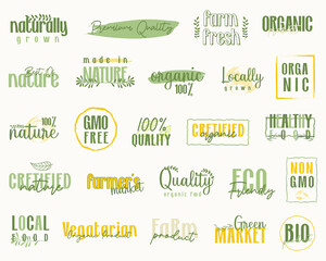 Organic food, natural product sign and stickers for food market.