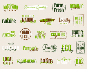 Organic and natural food, Organic and natural product sign, logo, icons and stickers for food and drink.