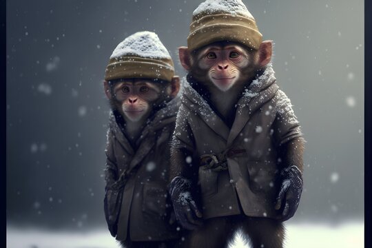 Monkeys wearing hat and coat in the snow