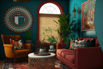Design for a bohemian style living room with vibrant walls,. Generative AI