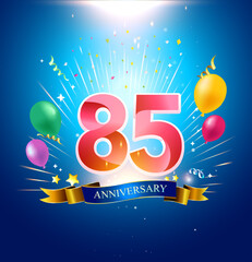 85 Anniversary with balloon, confetti, and blue background