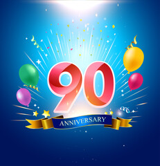 90 Anniversary with balloon, confetti, and blue background