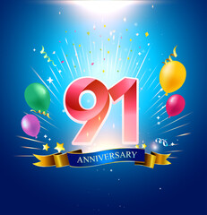 91 Anniversary with balloon, confetti, and blue background