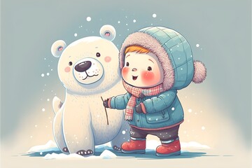 A eskimo kid playing with a cute polar bear wearing winter outfits.