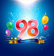 98 Anniversary with balloon, confetti, and blue background