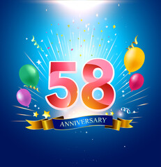 58 Anniversary with balloon, confetti, and blue background