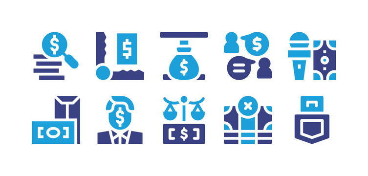 Corruption icon set. Duotone color. Vector illustration. Containing search, trap, bribe, communication, media, money, business man, corruption, no corruption, pocket.