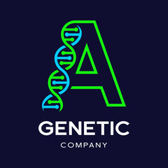 Letter A Genetic DNA vector logo template. Design with chromosome symbol. This logo is suitable for research, science, medical, logotype, technology, lab, molecule, protein, nucleus, spiral.