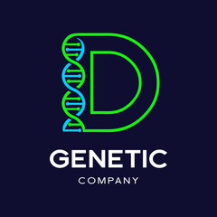 Letter D Genetic DNA vector logo template. Design with chromosome symbol. This logo is suitable for research, science, medical, logotype, technology, lab, molecule, protein, nucleus, spiral.