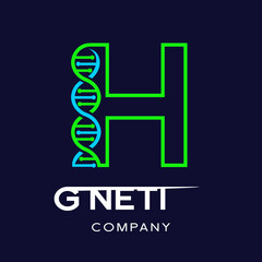 Letter H Genetic DNA vector logo template. Design with chromosome symbol. This logo is suitable for research, science, medical, logotype, technology, lab, molecule, protein, nucleus, spiral.