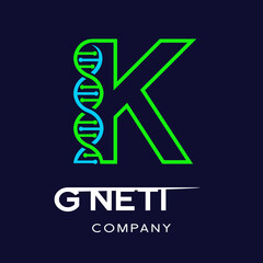 Letter K Genetic DNA vector logo template. Design with chromosome symbol. This logo is suitable for research, science, medical, logotype, technology, lab, molecule, protein, nucleus, spiral.
