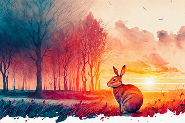 Bunny Rabbit in Colorful Winter Landscape