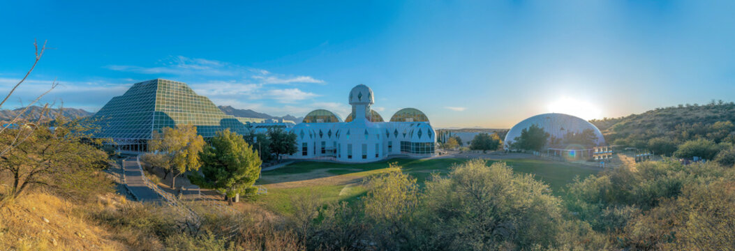 ORACLE, ARIZONA - CIRCA NOVEMBER, 2021: Biosphere 2 landscape with conservatory library and living quarters at sunset