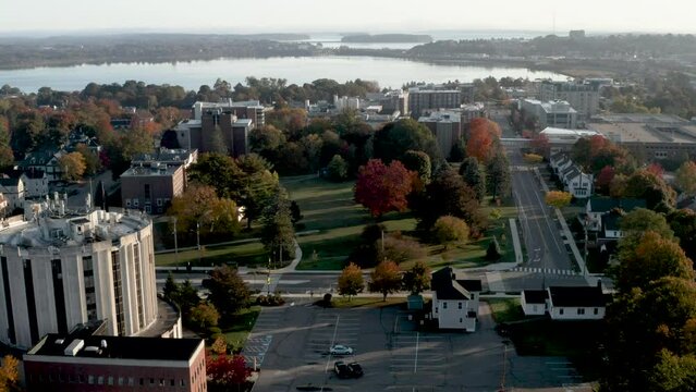 High flying drone shot overlooking the University of Southern Maine campus in Portland, Maine
