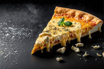 Four cheese pizza slice with tomato sauce and basil leaf
