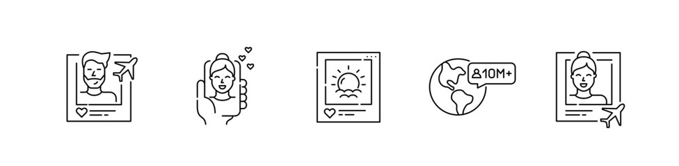 Travel blog social media icons. Airplane, sunny beach and globe destinations. Pixel perfect, editable stroke art