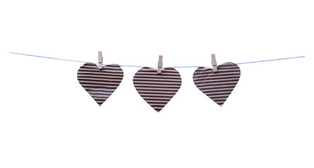 Blank three paper in heart shape hang on white string line isolated on white background , clipping path for picture album or documentation