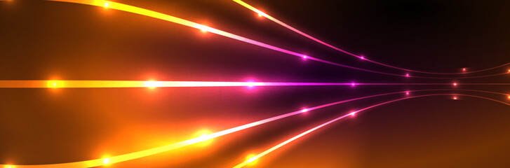 Shiny neon lights, dark abstract background with blurred magic neon light curved lines