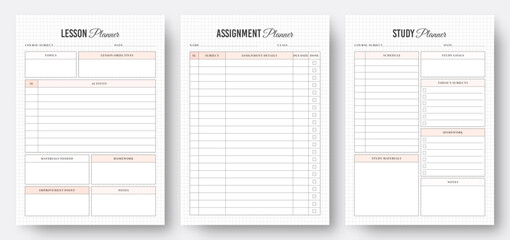 Printable Study Planner Template Design. Lesson Planner Template. Assignment Planner Template. Education Planner Template Set. Set of Minimalist School Planner Template. Vector planner bundle set.