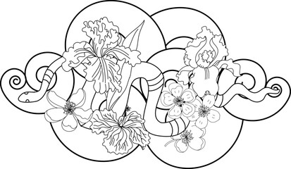 beautiful snake vector with flower Japanese tattoo design.red Snake vector illustration on black background.