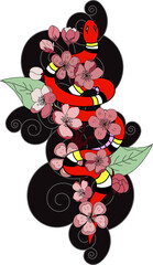 beautiful snake vector with flower Japanese tattoo design.red Snake vector illustration on black background.