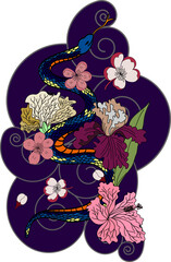 beautiful snake vector with flower Japanese tattoo design.red Snake vector illustration on black background.